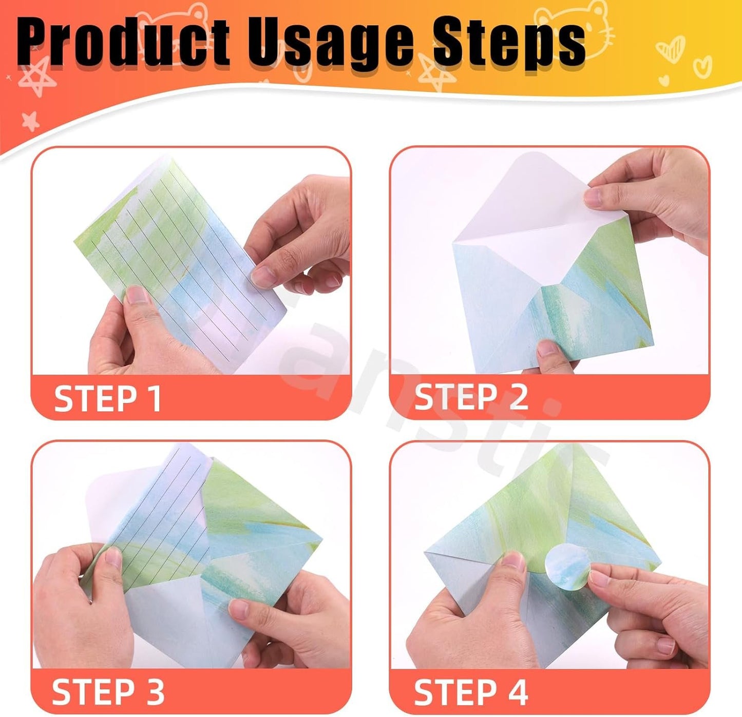 Tanstic 200Pcs(50 Sets) 5.5 x 8.25 Inch Stationery Paper Set Watercolor Stationary Paper and Envelopes Mini Stationery Paper with Round Dot Sticker for Invitations, Letters