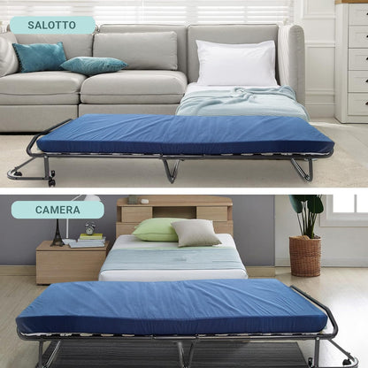 DOLCI SOGNI White 80 x 190 cm 100% Made in Italy, Retractable Bed with Wooden Slatted Base and Mattress, Pull-Out Folding Bed