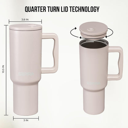 SIPPA Insulated Tumbler with Handle AKA Gobelet Isotherme, Double Wall Vacuum Tumbler with Straw and lid, Reusable Stainless Steel Water Bottle with Handle, Leak Proof Tumbler for Iced Coffee (Cream)