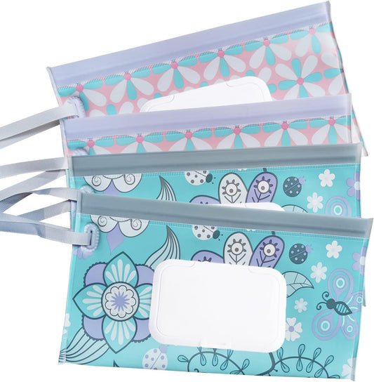 4 Pack Reusable Wipes Pouch Portable Wipes Dispenser Refillable Wipes Container Lightweight Travel Wipes Case Baby Wipes Holder for Diaper Bag