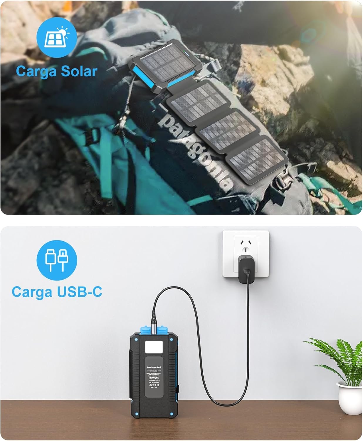 Solar Power Bank 38800mAh with 4 Solar Panels, Power Bank USB-C 18W Fast Charge for Compatible Phones, IP67 Waterproof Outdoor External Batteries with Flashlight Light/SOS/Strobe