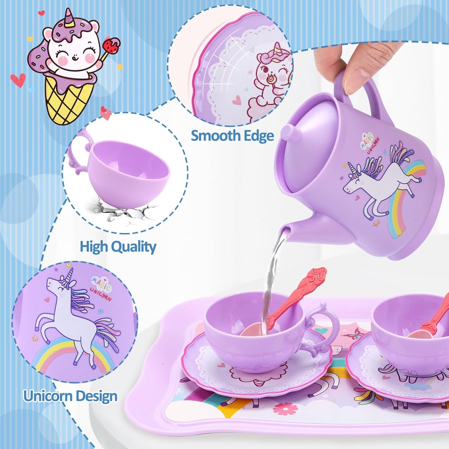 REMOKING 45PCS Unicorn Toys Tea Party Set for Girls,Birthday Gifts for Toddler Age 3+, Pretend Teapot,Dessert Playset, Carrying Case for Role Play,Princess Toy for 2-6 Year Old Kids