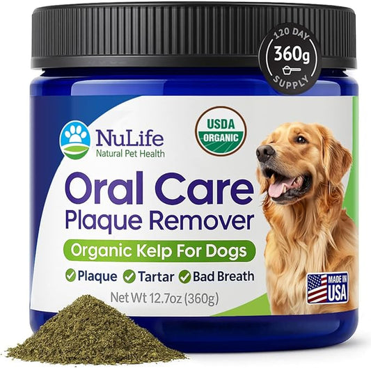 NuLife Natural Pet Health Dog Teeth Cleaning Powder, Dog Plaque and Tartar Remover, Bad Breath Treatment for Dogs with USDA Organic Sea Kelp Powder, Dog Dental Care Made Easy, for All Ages, 12 oz