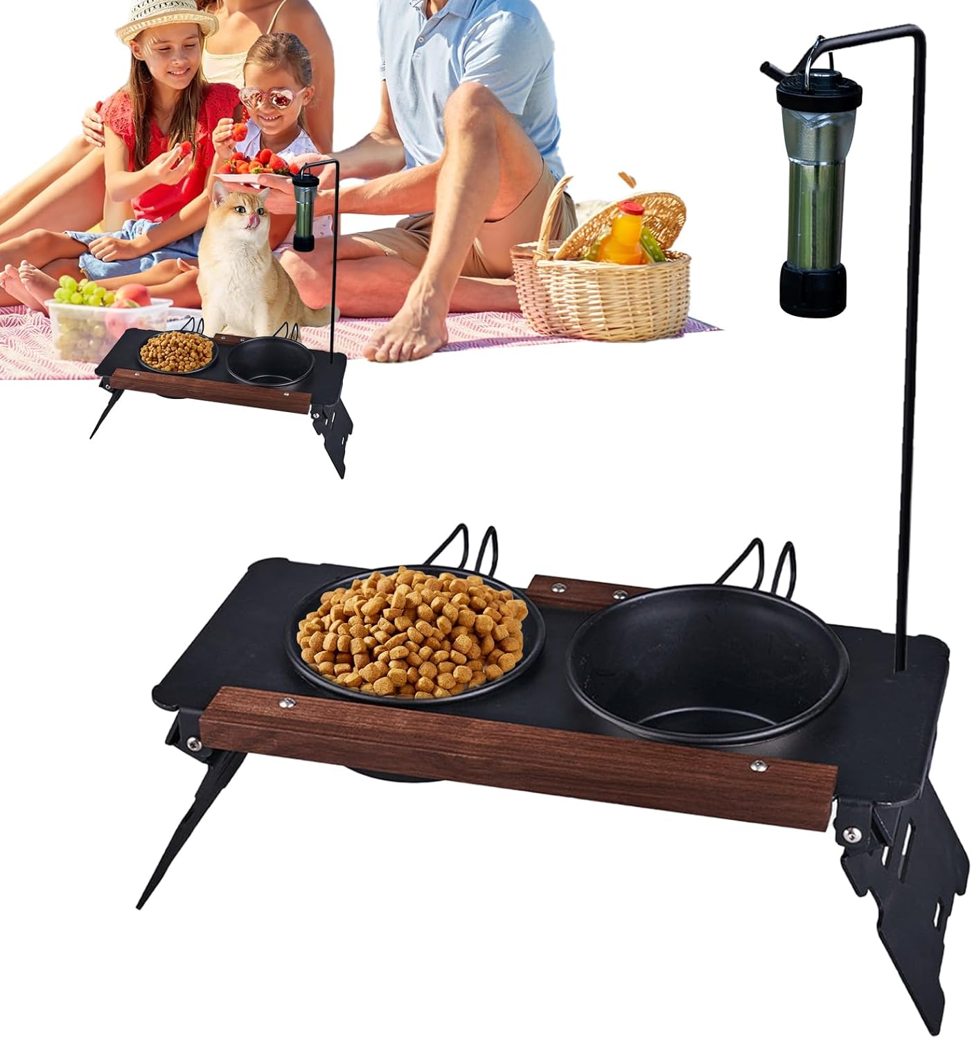 Ruwshuuk Supporto per ciotola per cani – Supporto portatile in metallo per ciotola per cani con portalampada, piatti per animali domestici, cibo e irrigazione per gatti, per campeggio, spettacoli