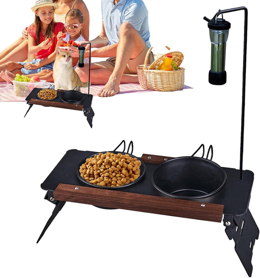 Ruwshuuk Supporto per ciotola per cani – Supporto portatile in metallo per ciotola per cani con portalampada, piatti per animali domestici, cibo e irrigazione per gatti, per campeggio, spettacoli