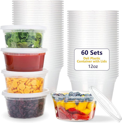 60-Pack 12 oz Plastic Food Storage Containers with Airtight Lids, Microwave, Freezer & Dishwasher Safe,Stackable,BPA-Free,12 oz Deli Meat Containers with lids for Soups, Sauces, Salads, and Meal Prep