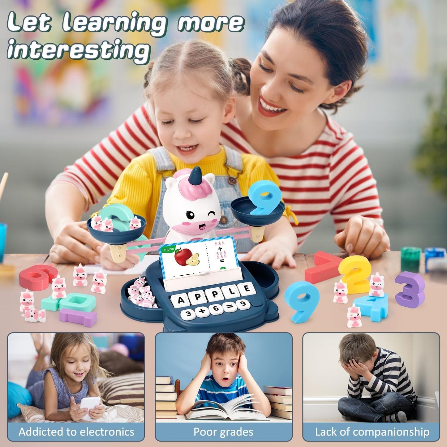 Qizebaby Toy for 3 4 5 6 Year Oldsï¼ŒUnicorns Learning Toy Balance Counting Math Toy with Matching Letter Spelling Gamesï¼ŒMath & Cards Learning Preschool Educational Gameï¼ŒKid Toys Boys Girls