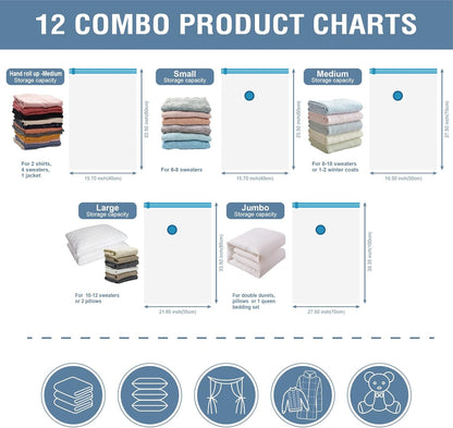 12 Pack Vacuum Storage Bags, Space Saver Bags (2 Jumbo/2 Large/2 Medium/2 Small/4 Roll) Compression Storage Bags for Comforters and Blankets, Vacuum Sealer Bags for Clothes Storage, Hand Pump Included