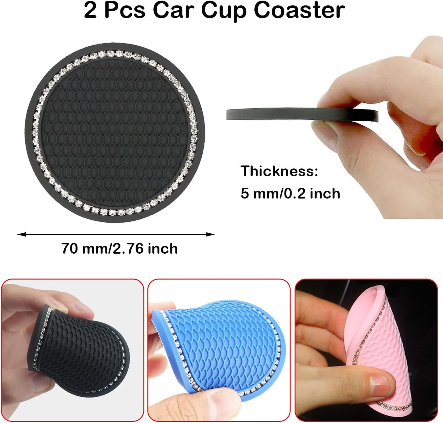 Paifeancodill 2 Pcs Universal Car Bling Cup Holder Insert Coaster Car Interior Accessories, Car Cup Holder Coaster, Silicone Crystal Rhinestone Vehicle Coaster, Auto Cup Holder Insert Coasters(Pink)