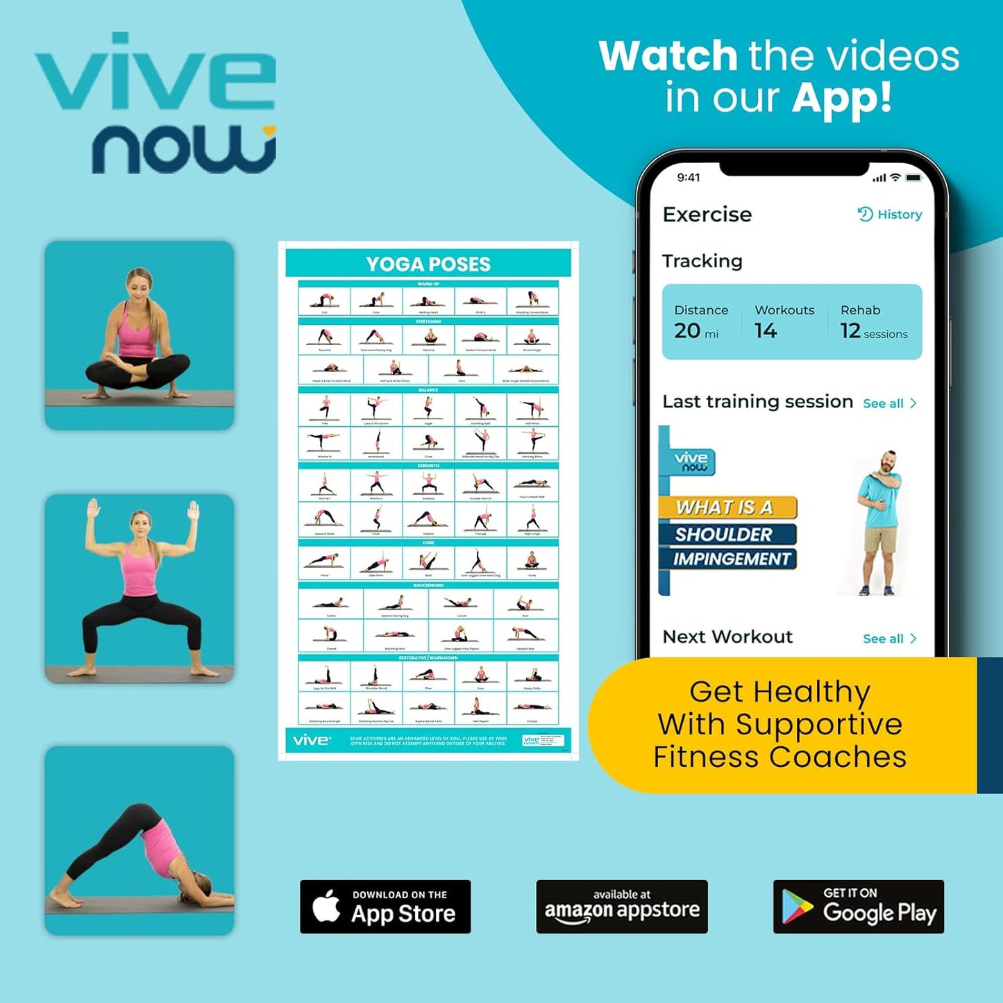 Vive Yoga Poster - Poses for Beginners and Experts - Mat Exercise Home Gym Workout Accessories Set- Double Sided Laminated Flow Chart Accessory - Instructional Guided Routine - for Women, Men