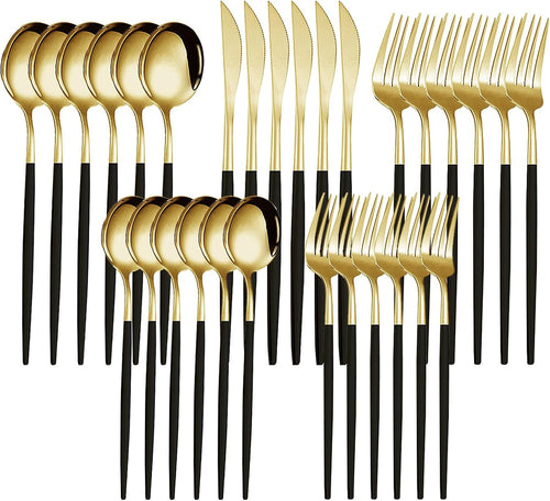 Silverware Sets for 30, Quable 30-Piece Black & Gold Cutlery Set, Stainless Steel Kitchen Utensil Set Service for 6, Including Knife, Fork, Spoon, Mirror Polished, Utensil Sets for Kitchen, Home