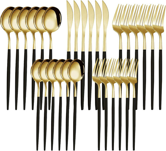 Silverware Sets for 30, Quable 30-Piece Black & Gold Cutlery Set, Stainless Steel Kitchen Utensil Set Service for 6, Including Knife, Fork, Spoon, Mirror Polished, Utensil Sets for Kitchen, Home