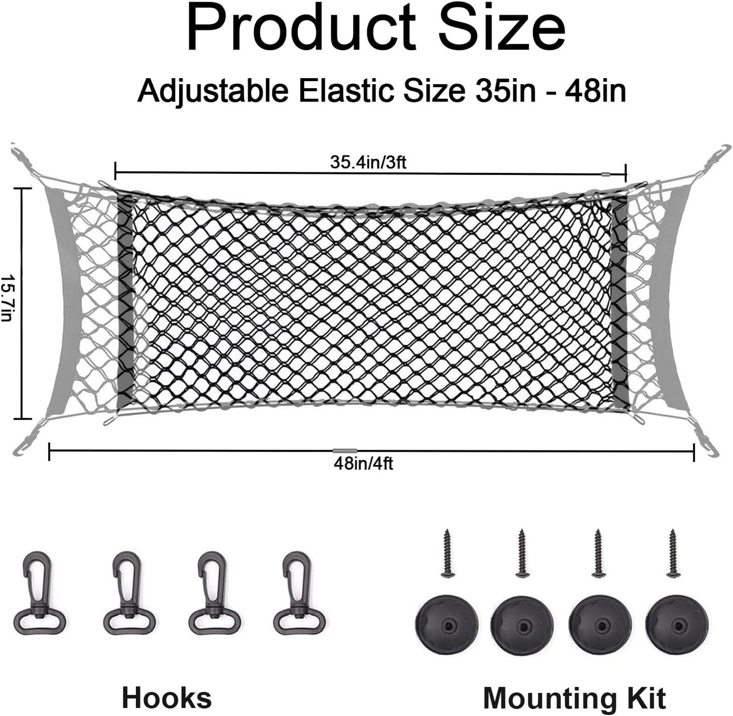 zxbaers Car Rear Cargo Net (35.4"x15.8"), Envelope Style Elastic Trunk Net Organizer Heavy Duty Stretchable Nylon Storage Net Mesh with Hooks for Car, SUV, Vehicle