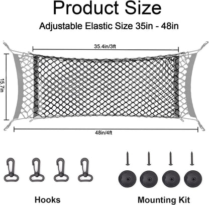 zxbaers Car Rear Cargo Net (35.4"x15.8"), Envelope Style Elastic Trunk Net Organizer Heavy Duty Stretchable Nylon Storage Net Mesh with Hooks for Car, SUV, Vehicle