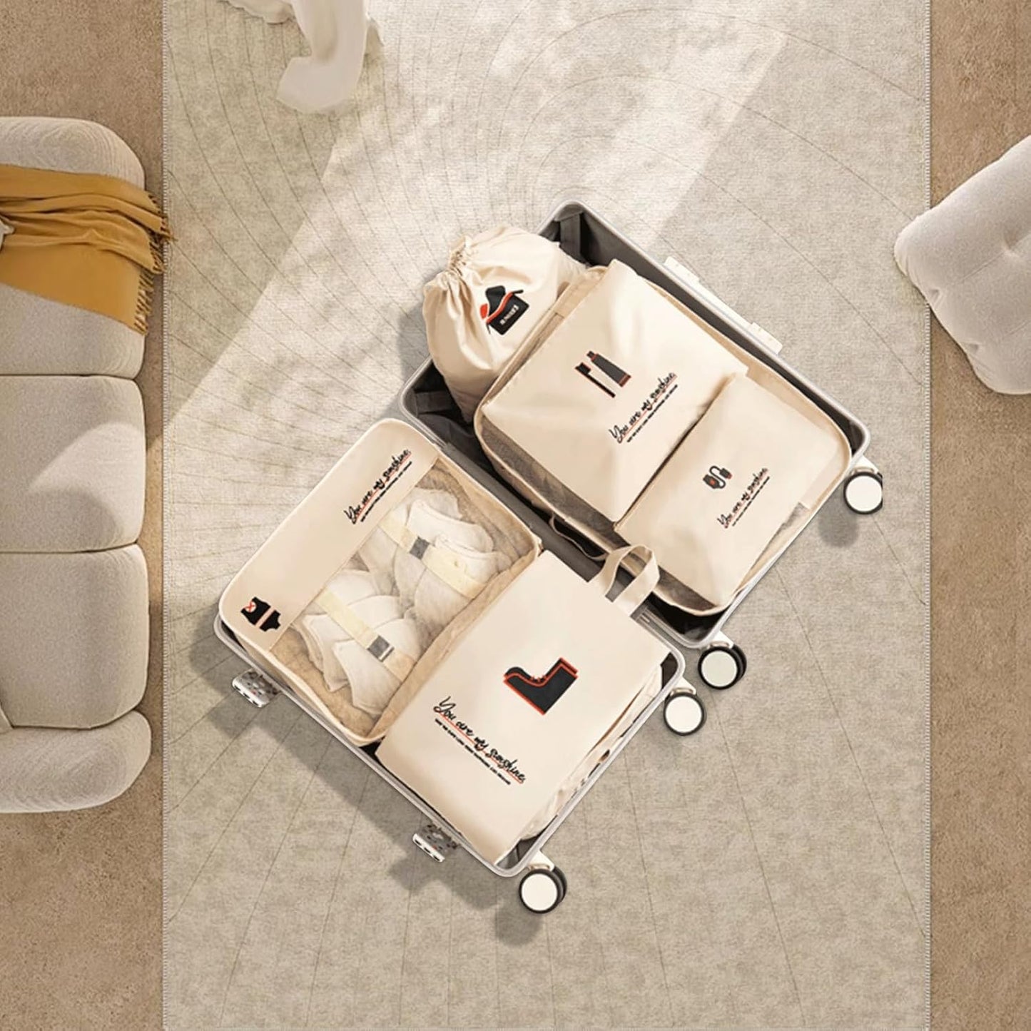 Travel Luggage Organizer Set - 7pcs Packing Cubes, Garment Bags, Shoe Bag, Laundry Bag, Electronics Pouch, Variety Of Sizes(Beige)