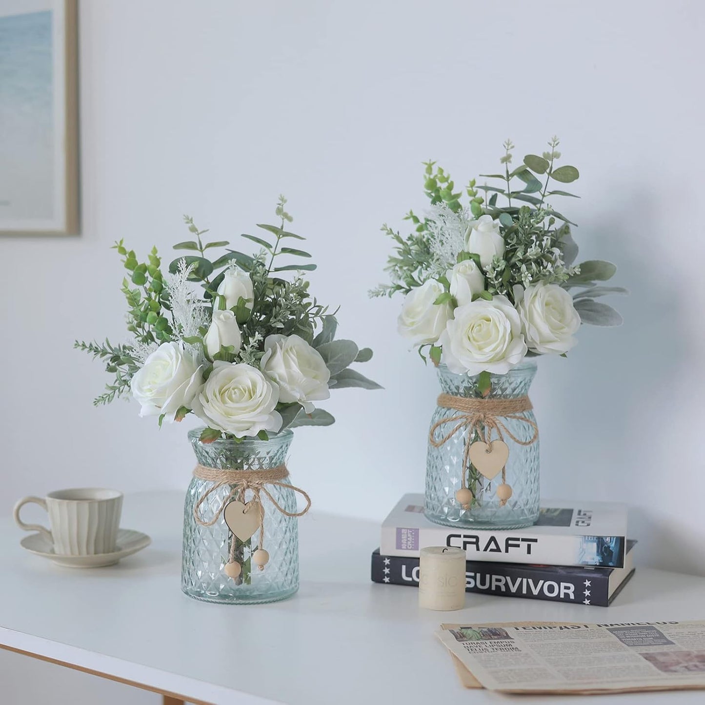 VIERENA Faux Flowers with Vase,Artificial Silk Roses in Vase,Fake Plant Eucalyptus Flower Arrangement for Home Office Farmhouse Bathroom Dining Table Centerpiece Decorations (White),106-HS-BAI