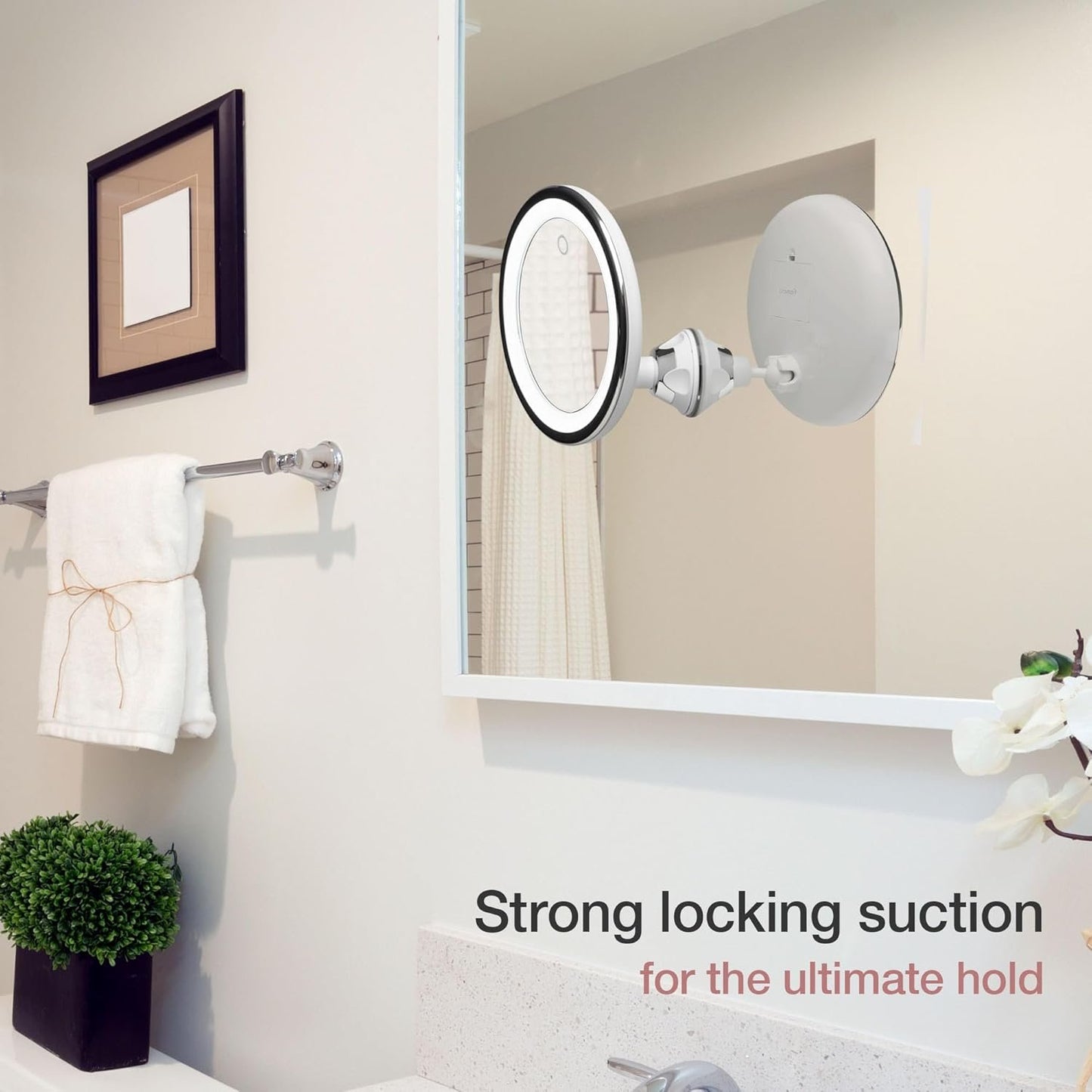 Fancii 10X Magnifying Makeup Mirror with True Natural Light and Locking Suction - 8 inch Large Lighted Travel Vanity Mirror, Dimmable Daylight LEDs, Battery and USB Operated - Luna (Silver)