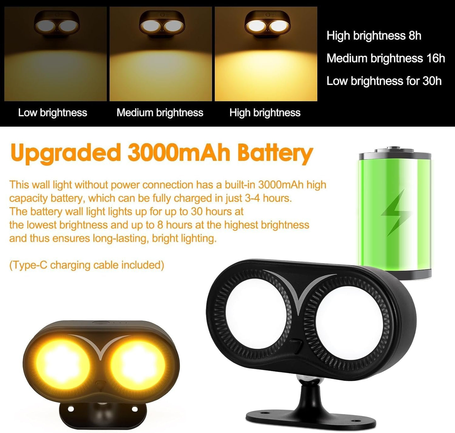 ZONJIE Upgrade LED Indoor Wall Light - Rechargeable Battery Indoor Wall Light with 3 Colour Modes and 3 Brightness Levels, 360Â° Rotating Wireless Wall Spotlight Indoor