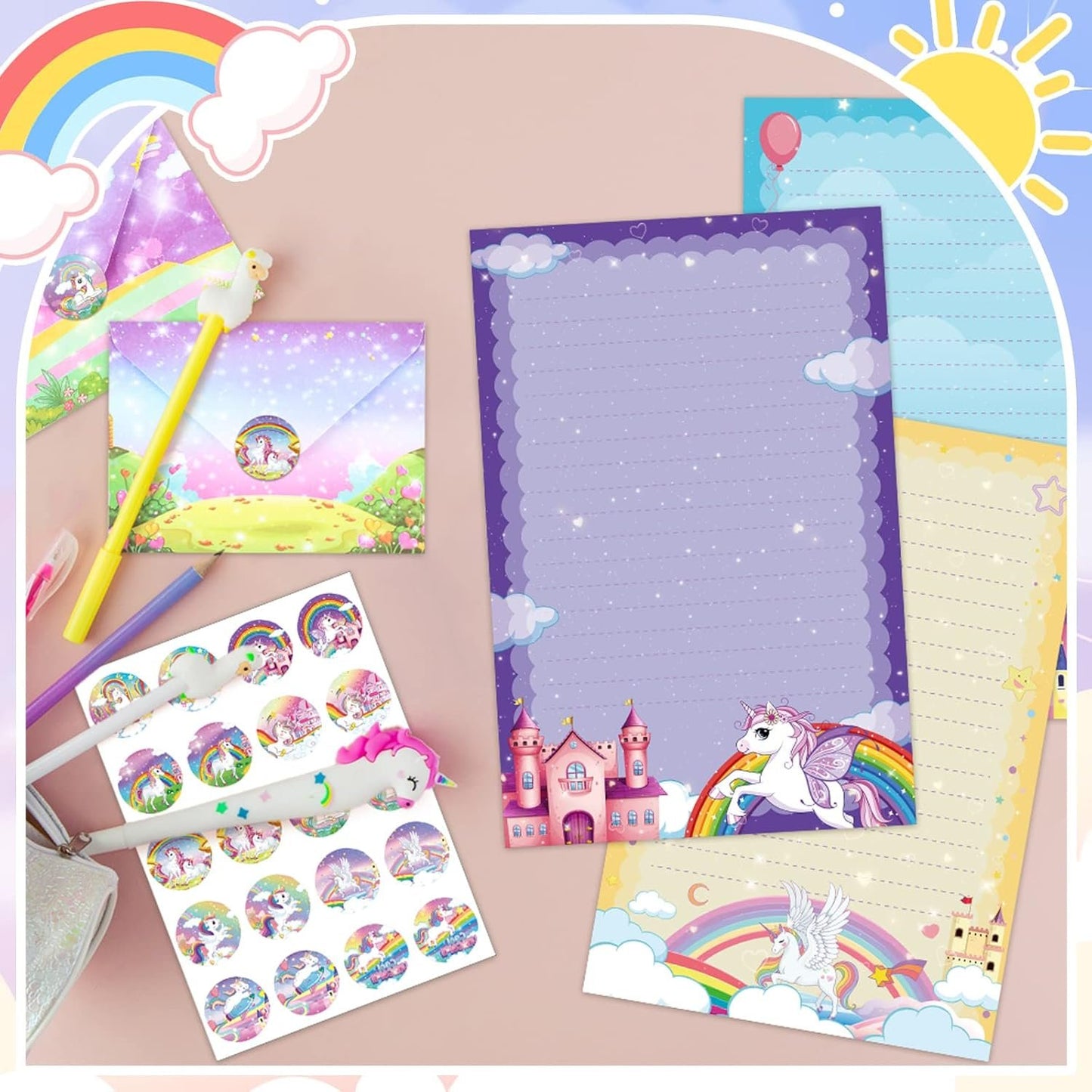TaoBary 160 Packs Mini Rainbow Unicorn Stationery Paper Set 50 Double Sided Stationery Writing Papers Matching Envelopes and 60 Unicorn Round Dot Stickers, 5.5 x 8.25 Inch, 10 Designs