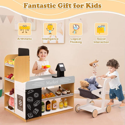 HONEY JOY Pretend Play Grocery Store Set, Kids Market Stand with Shopping Cart, 2 Chalkboards & Cash Register, Wooden Supermarket Playset with Display Shelves, Toy Playset for Children 3+ Years Old