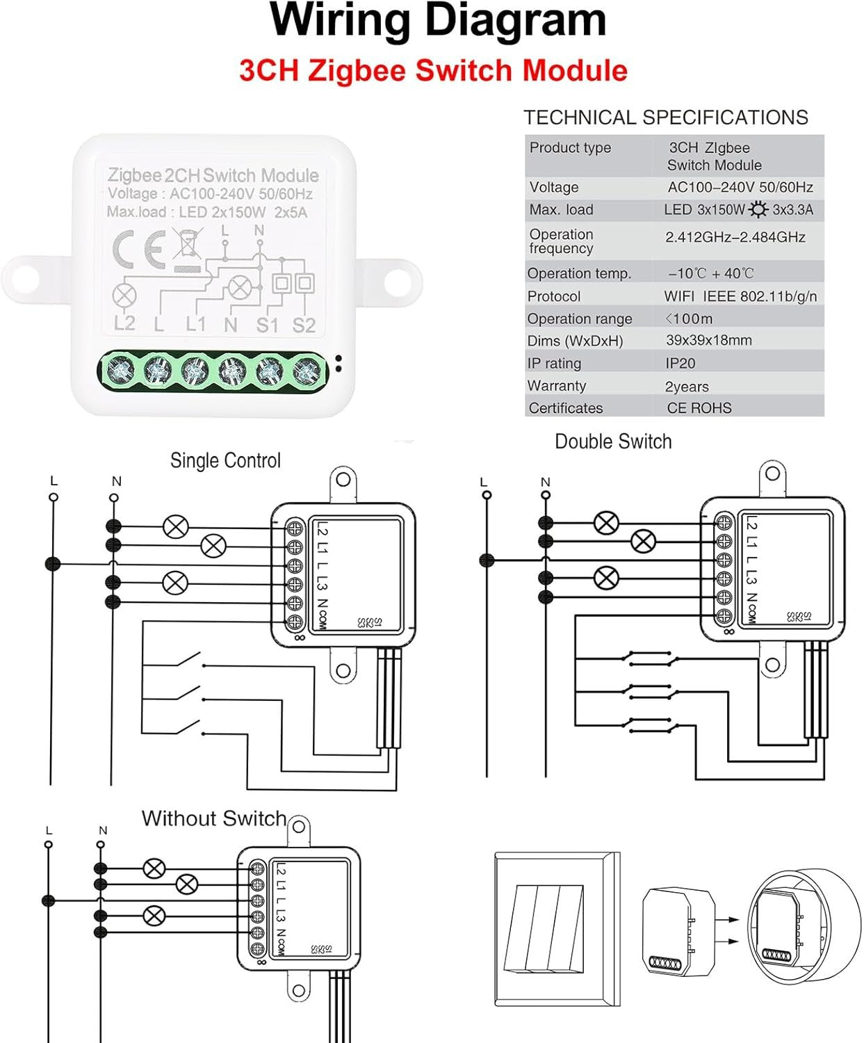 3CH Zigbee Mini Smart Switch Relay Module Support 2 Way Control Switch for Smart Home Automation, Compatible with Alexa Google Home