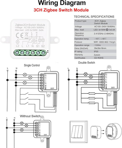 3CH Zigbee Mini Smart Switch Relay Module Support 2 Way Control Switch for Smart Home Automation, Compatible with Alexa Google Home