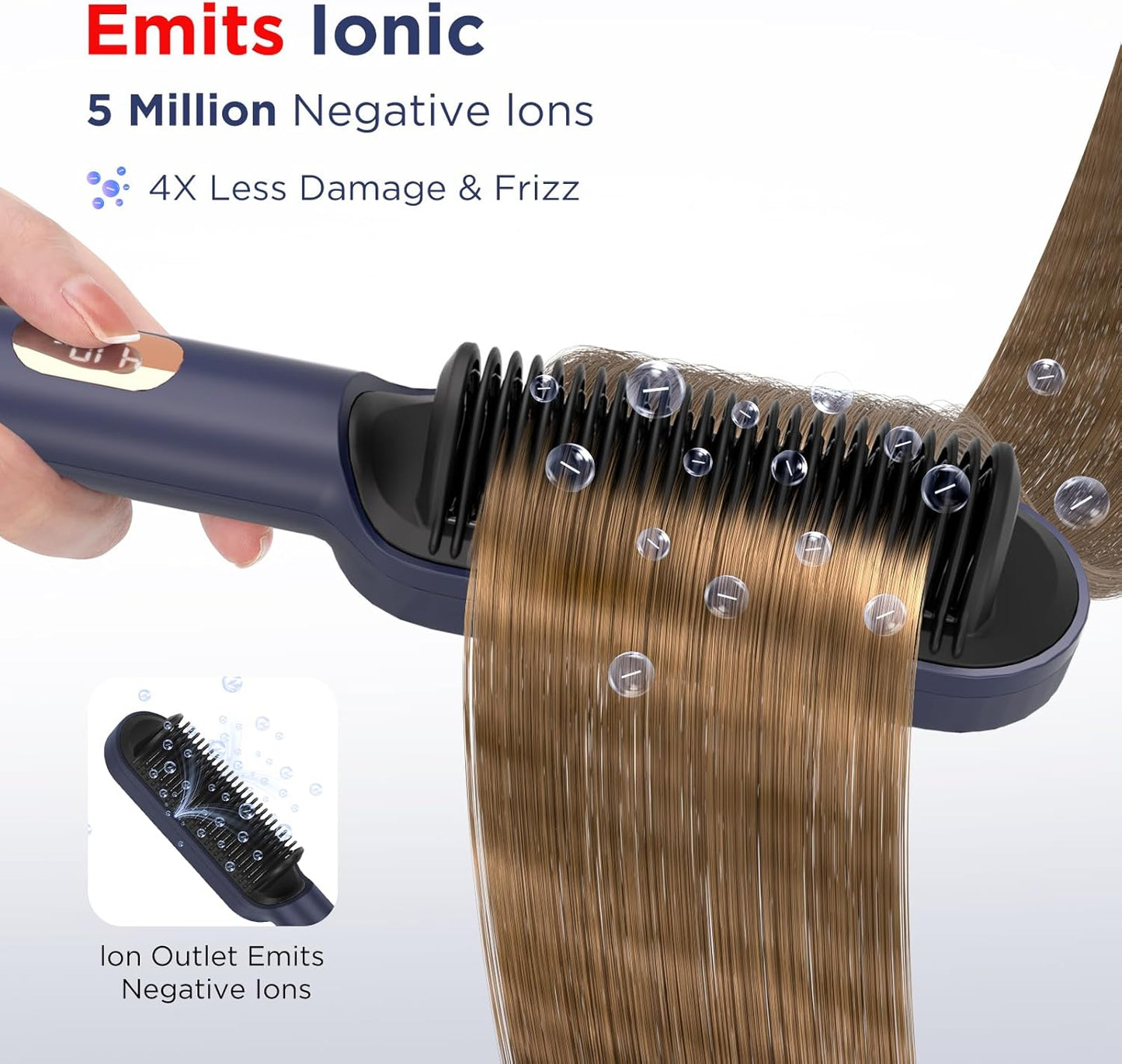 Prizm Hair Straightener Brush, 20s Fast Heating, Negative Ions Hair Straightening Brush with Less Frizz, 4 Temp Settings & LED Display, Anti-Scald Design, Gift for Women, Dual Voltage, Prussian Blue