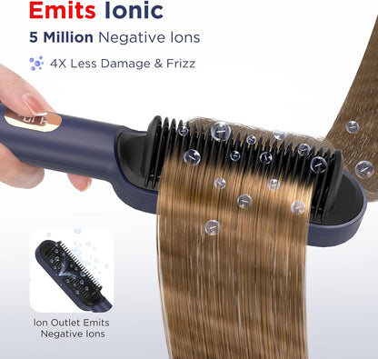 Prizm Hair Straightener Brush, 20s Fast Heating, Negative Ions Hair Straightening Brush with Less Frizz, 4 Temp Settings & LED Display, Anti-Scald Design, Gift for Women, Dual Voltage, Prussian Blue