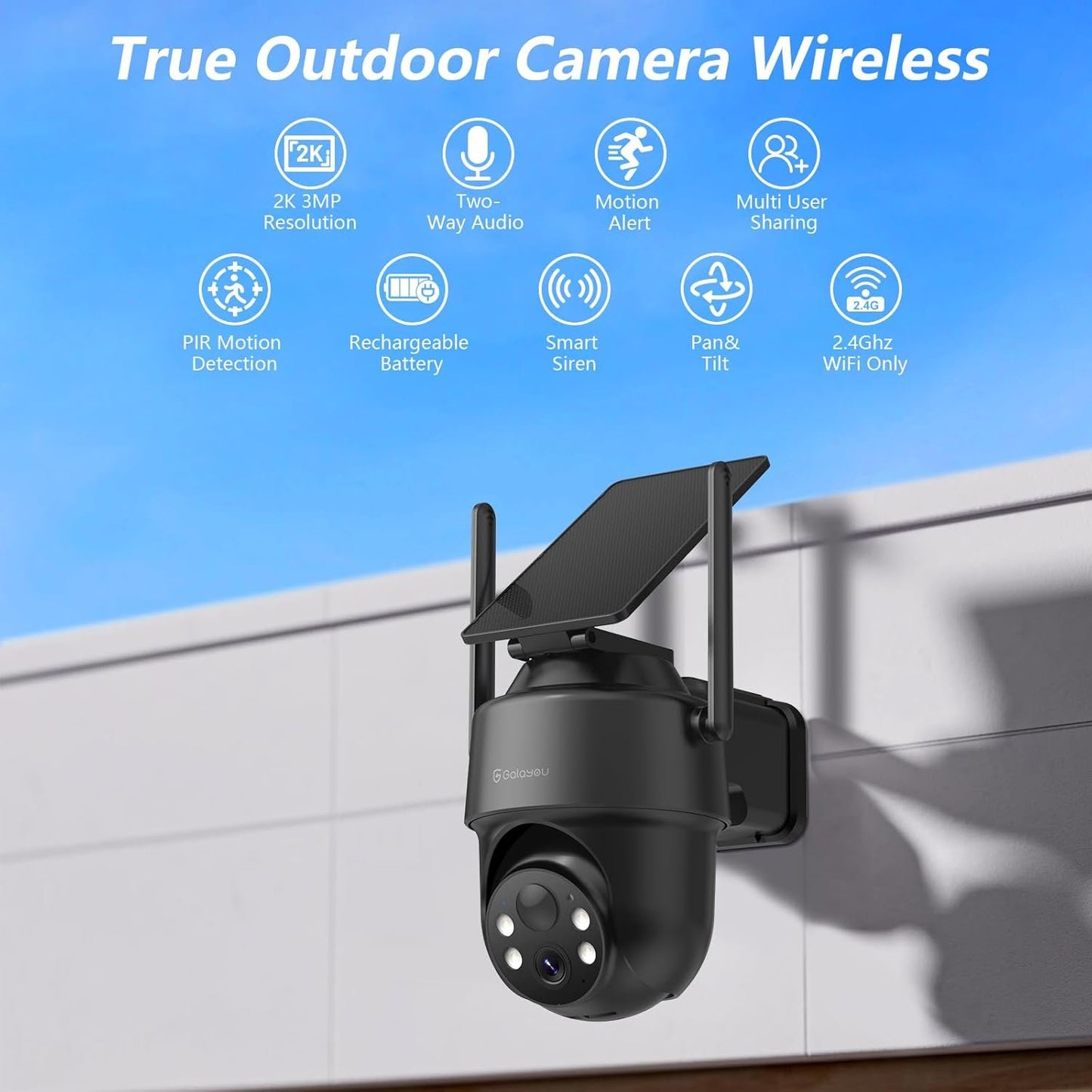 GALAYOU 2K Security Cameras Wireless Outdoor-360° PTZ Cameras for Home Security with Solar Panel/Battery Powered, Night Vision, Two-Way Audio, PIR Sensor, Works with Alexa, R1 4P Black (2.4Ghz Only)