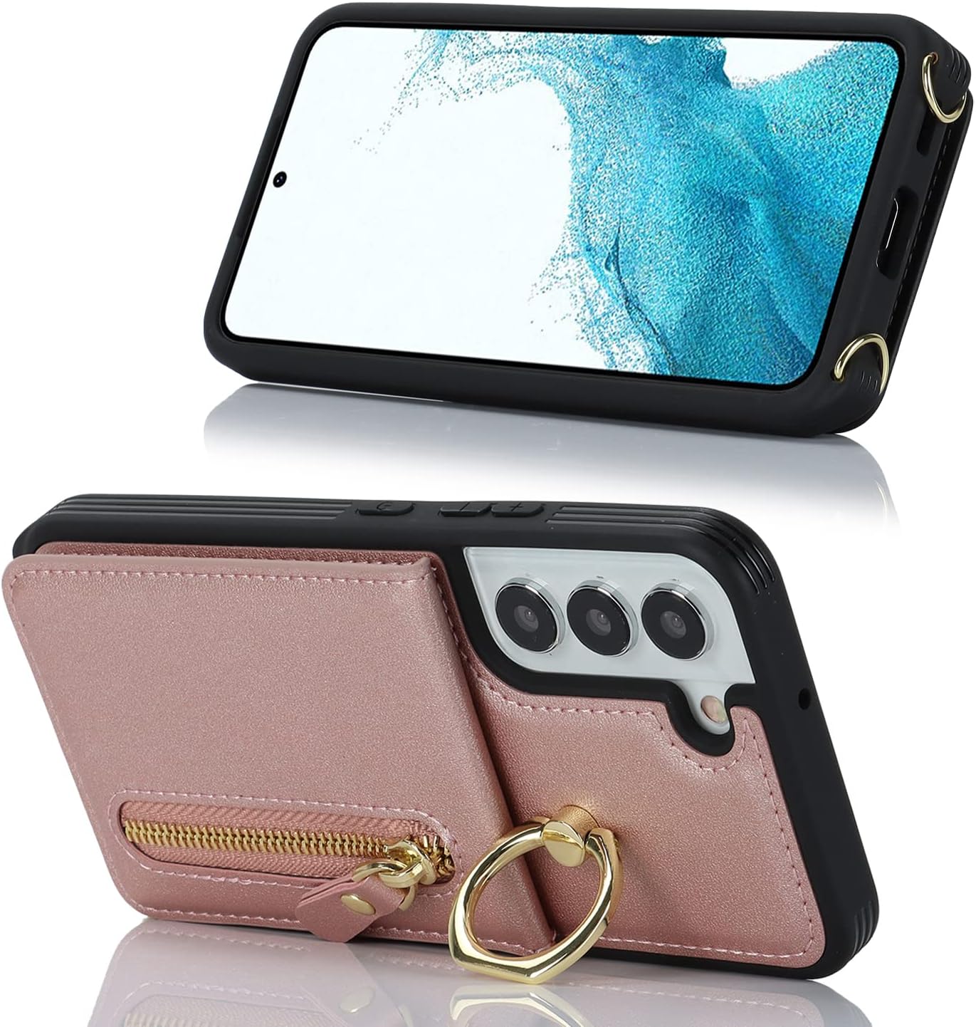 Cavor Vertical Flip Cover for Samsung Galaxy S22 Leather Case 6.1'' Crossbody Wallet Card Slots with 360°Rotation Ring Holder Kickstand & Long Shoulder Lanyard Strap-Rose