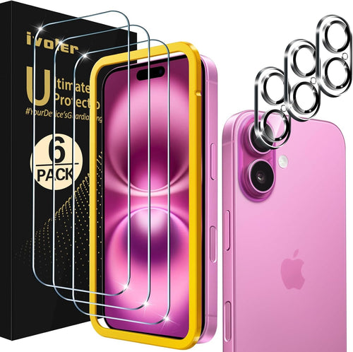 ivoler 3+3 Pack Tempered Glass for iPhone 16 Plus Screen Protector 6.7'' [3 Pack] with [3 Pack] Camera Lens Protector with [Alignment Frame], Anti-Scratch Case Friendly Transparent HD Clear Film