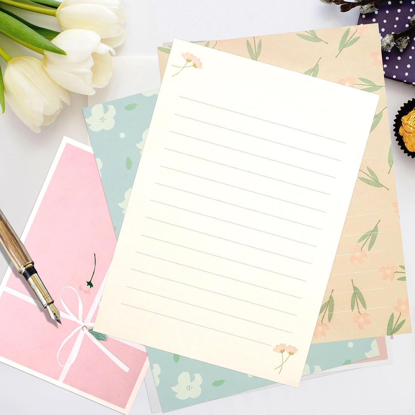KSIWRE 48 PCS Stationery Paper and Envelopes Set,Cute Floral Stationary Set for Writing Letters,Double Sided Printing,Letter Writing Kit