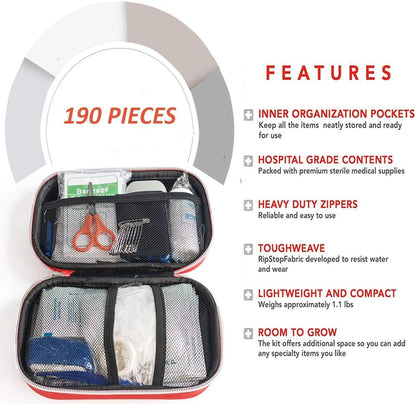 First Aid Kit -190 Pieces of First Aid Supplies, Travel Size Home Portable Medical Survival Kit, Lightweight Compact Pocket Aid Kit for Sports Outdoor Survival, Compatible Outdoor Gear Emergency Kits Trauma Bag