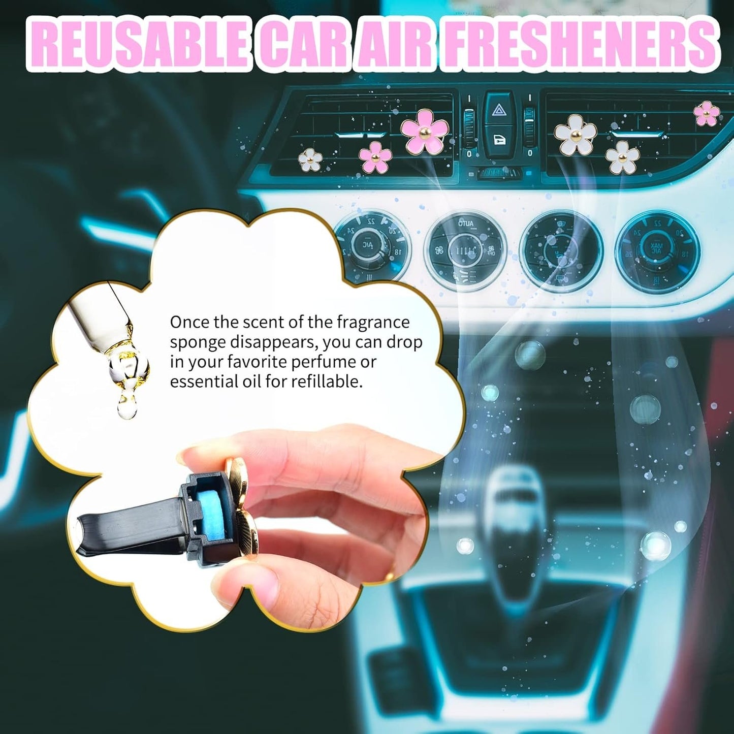 DEDC Car Air Fresheners, 8 Pcs Car Scents Air Freshener, Car Vent Clip Air Freshener, Flower Air Freshener Car Clips, Pink & White
