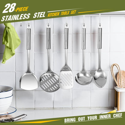 Fungun Stainless Steel Kitchen Utensil Set- 28 Pcs Cooking Nonstick Cookware Set with Spatula - Best Gadgets Tools Kitchen Accessories