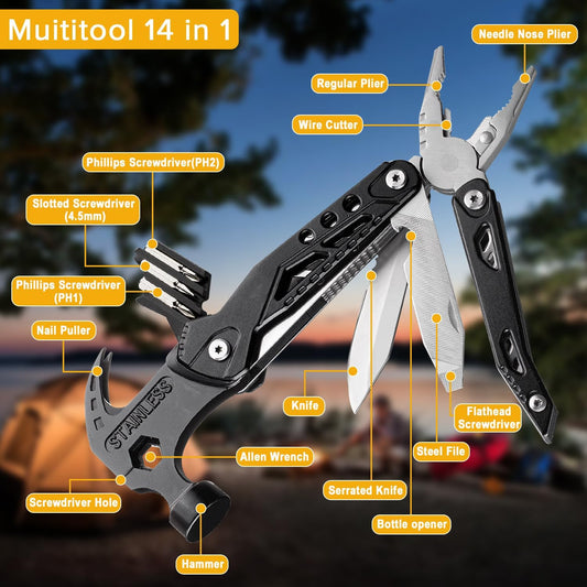14 in 1 Hammer Multitool Pliers Bottle Opener Screwdrivers,Camping Survival Gear,Cool Gadgets for Hiking Outdoor, Anniversary Birthday Men Gifts Christmas Stocking Stuffers for Men Boys