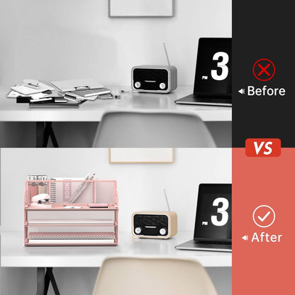 JMHUD 3-Tier Paper Letter Tray Organizer with Pen Holder, Mesh Desk Accessories & Workspace Organizers with Handle, File Sorter Office Supplies for Desk,Pink