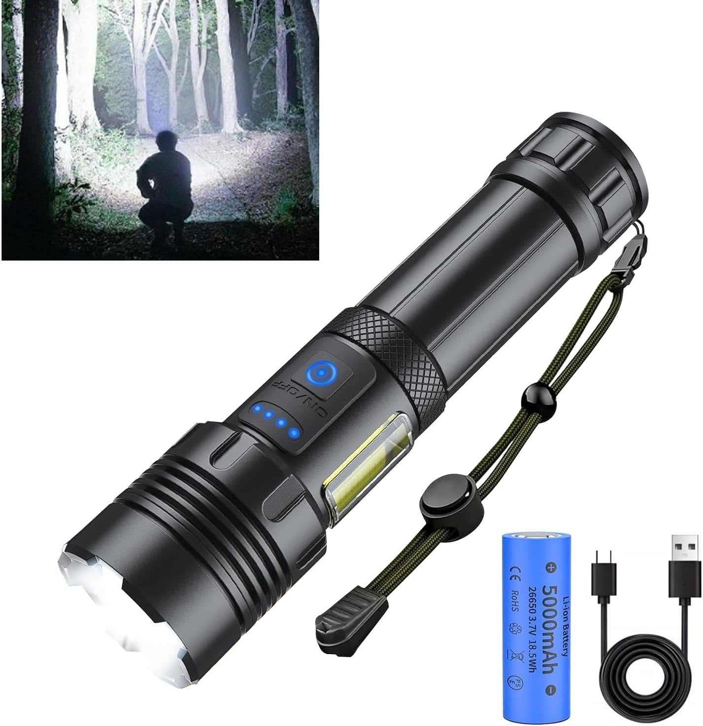 Rechargeable Flashlight, 900000 High Lumens Waterproof Tactical Flashlights with Zoomable, 7 Modes and COB LED Bright Flashlight for Camping, Cycling, Mountain, Emergencies (Include 5000mAh Battery)