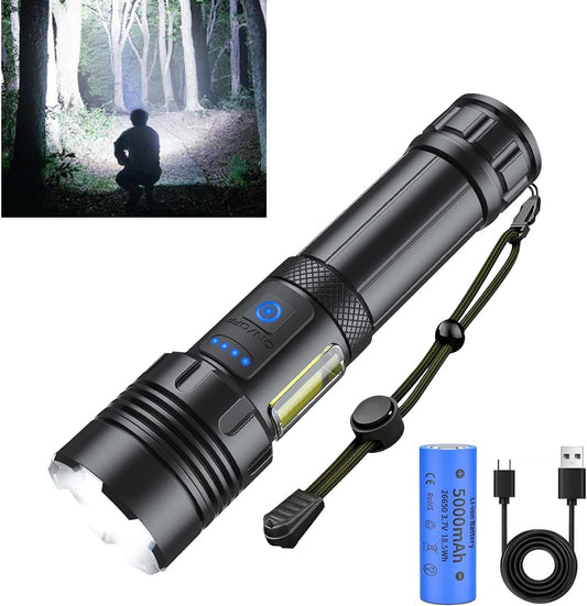 Rechargeable Flashlight, 900000 High Lumens Waterproof Tactical Flashlights with Zoomable, 7 Modes and COB LED Bright Flashlight for Camping, Cycling, Mountain, Emergencies (Include 5000mAh Battery)
