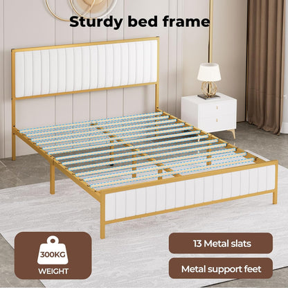 Levede Metal Queen Bed Frame, PU Fabric, Upholstered Headboard, Elevated Design, Under Bed Storage Space,13 Metal Slats Support, Easy Assemnly Platform Bed, Beige