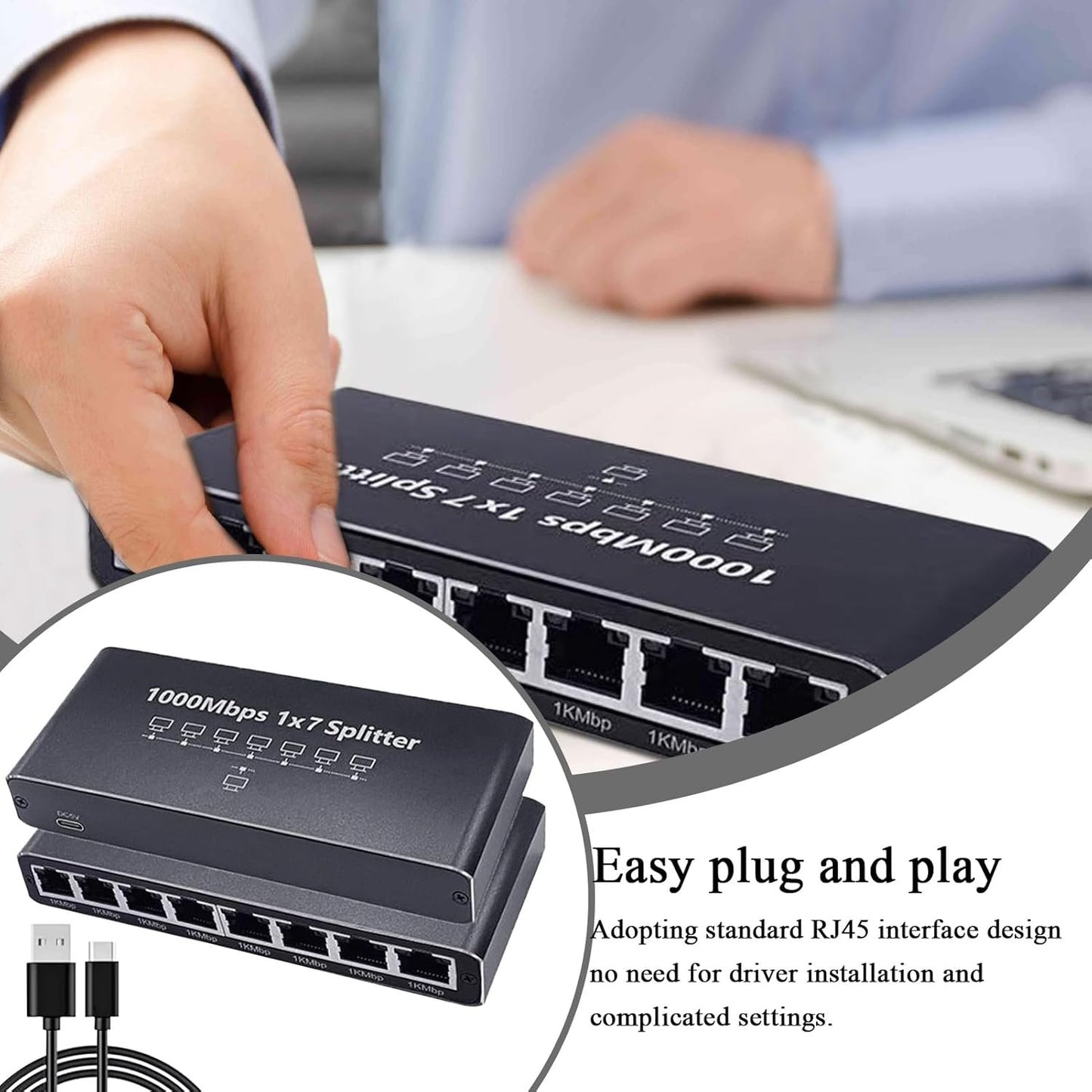 Network Hub,8-Port Internet Hub | 1000Mbps High Speed Plug and Play Adapter, Portable Extender, Desktop or Wall Mount