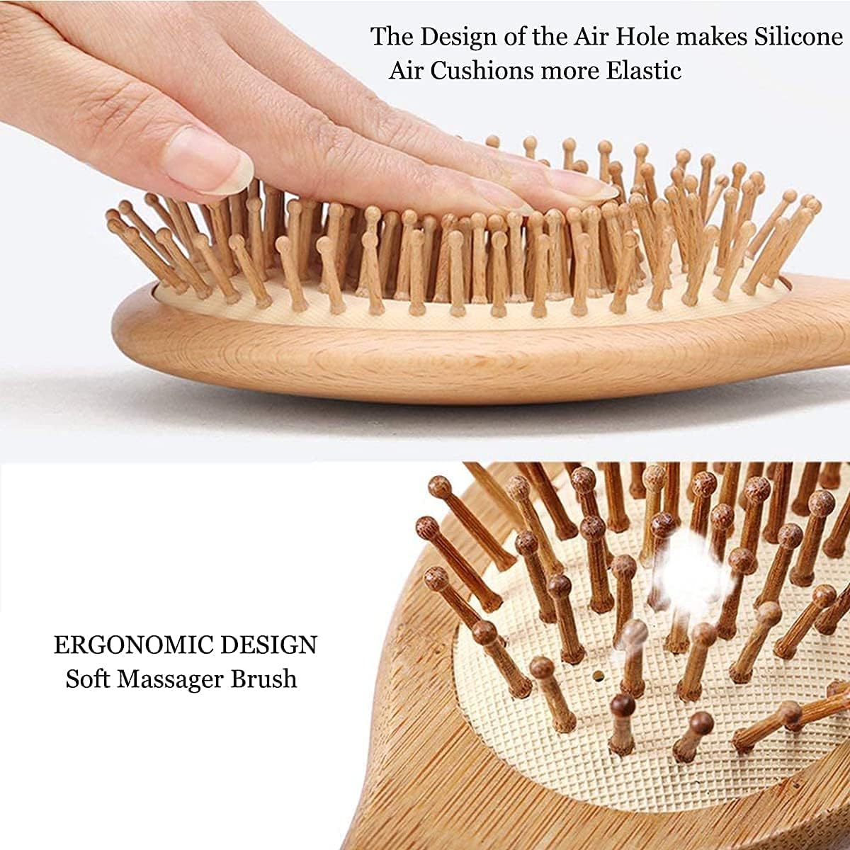 Hair Brush, 100% Natural Wooden Bamboo Air Cushion Comb, Sensitive Scalp Anti-Static Detangling Tools for Scalp Massage, Smooth Glide & Pain-Free Styling Curly/Straight/Thick Hair (Square)
