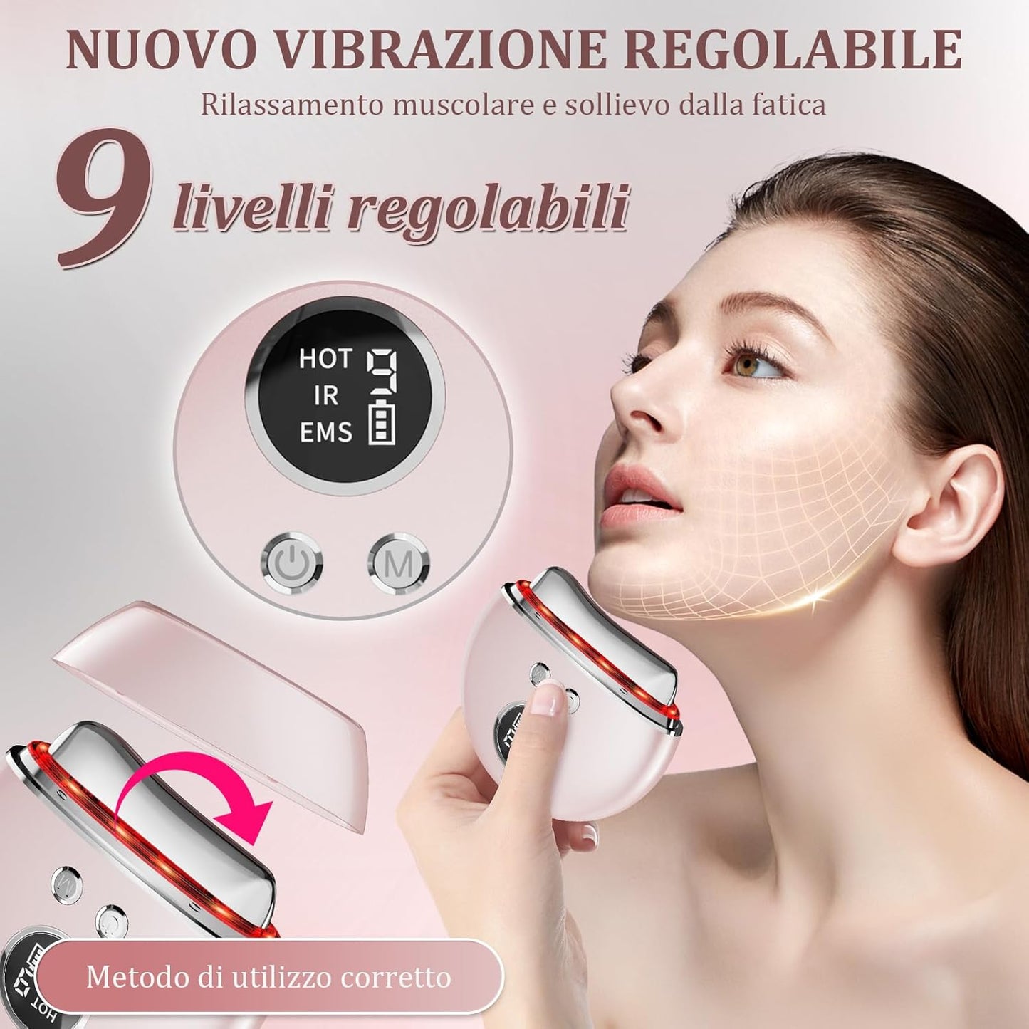 Electric Anti-Wrinkle Face Massager: Face and Neck Massage with 9 Adjustable Levels and 4 Modes – Beauty Device at 45 °C EMS Microcurrent with 3 LED Colours – GuaSha Face Massager for Women