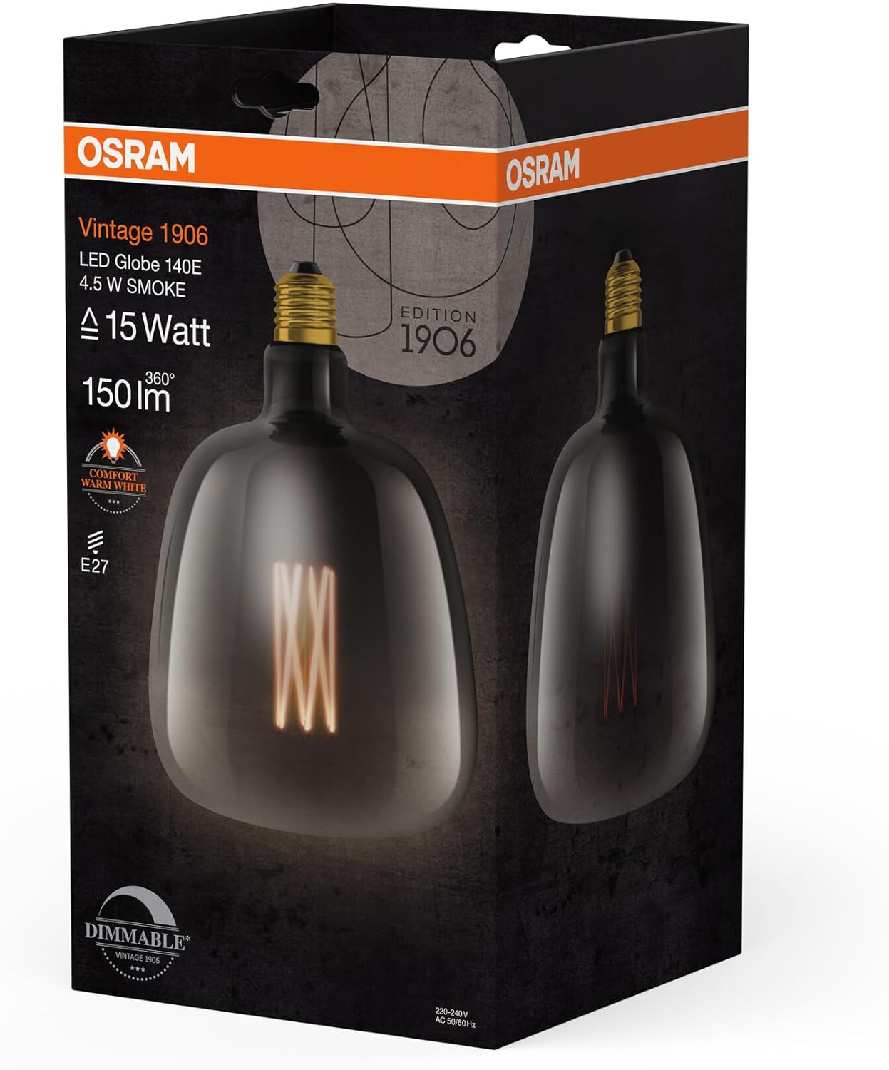 OSRAM LED Vintage 1906 Smoked Glass 4.5W 150lm Globe Shape 140mm Diameter E27 Warm White Linear Filament Dimmable Up To 15,000 Hours Life