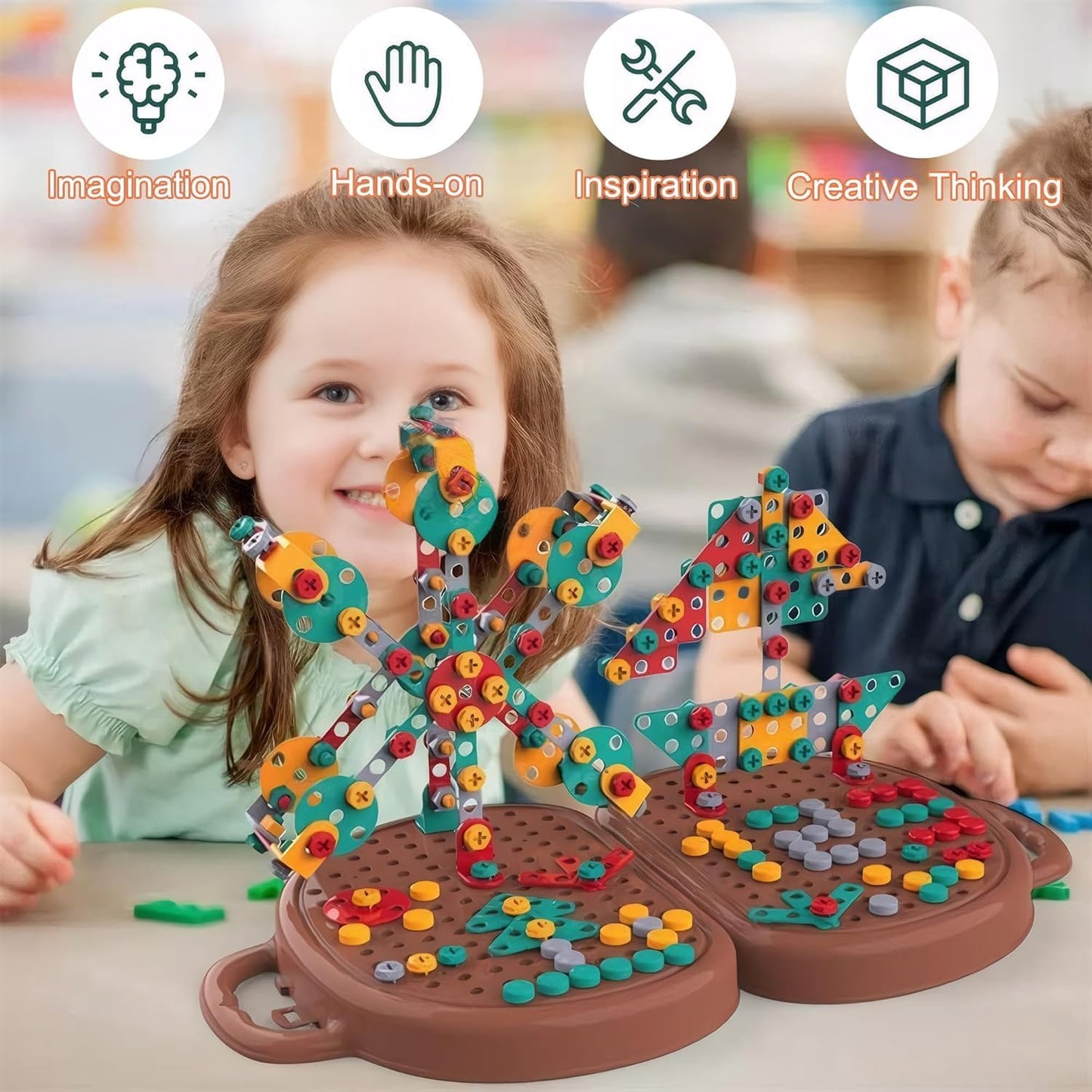 Montessori Toys Tool Set Play Toolbox for Boys Ages 3-12 Years Old, Bear Tool Box Fine Motor DIY STEM Toy, Puzzle Game Toy Set with Electric Drill Screw Tool Set, Creative Kids