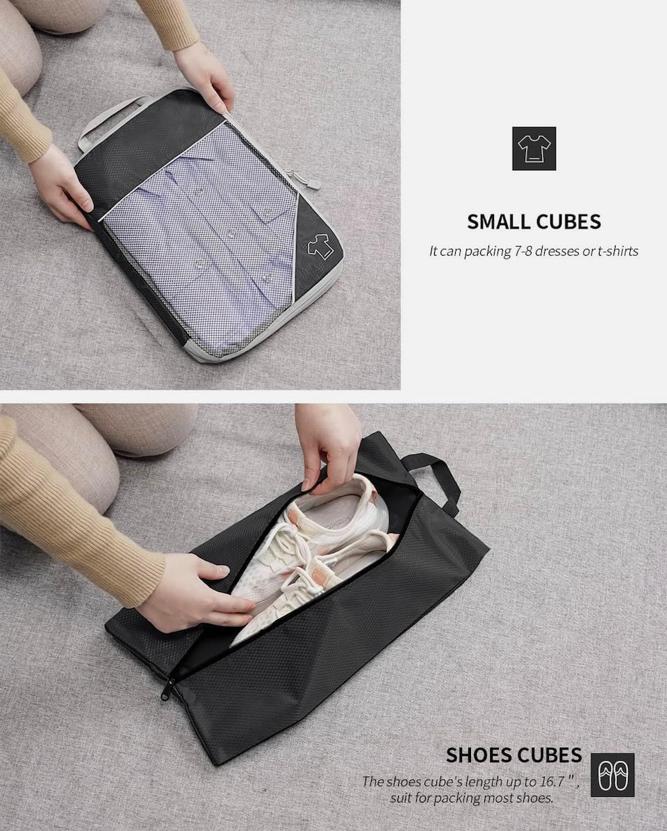 Travel packing cube set of 6 compression packing cubes, large lightweight nylon material upgrade your travel packing with BAWGBAGS Space-Saving, durable, and organized cubes. (Black)