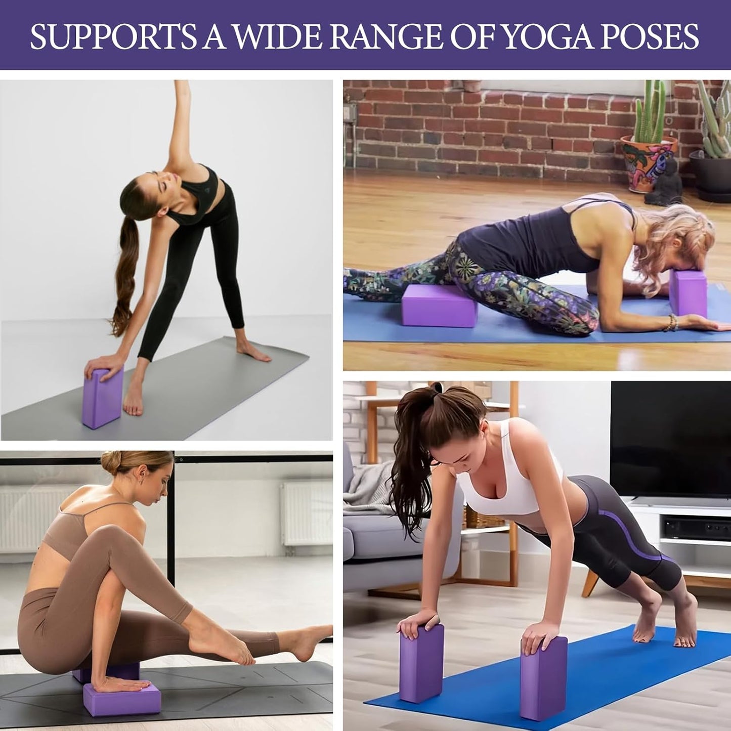 Yoga Blocks 2 Pack, high-density yoga block, EVA foam yoga block, with stretching belt, odor resistant and antiskid, used for yoga, Pilates and meditation