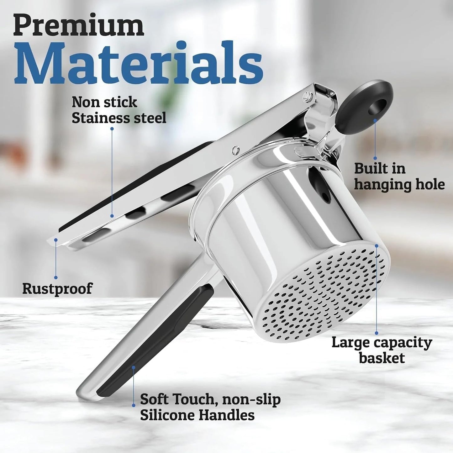 Large 15oz Potato Ricer with 3 Discs, Heavy Duty Stainless Steel Potato Ricer for Mashed Potatoes, Potato Masher, Press and Ricer Kitchen Tool,Black