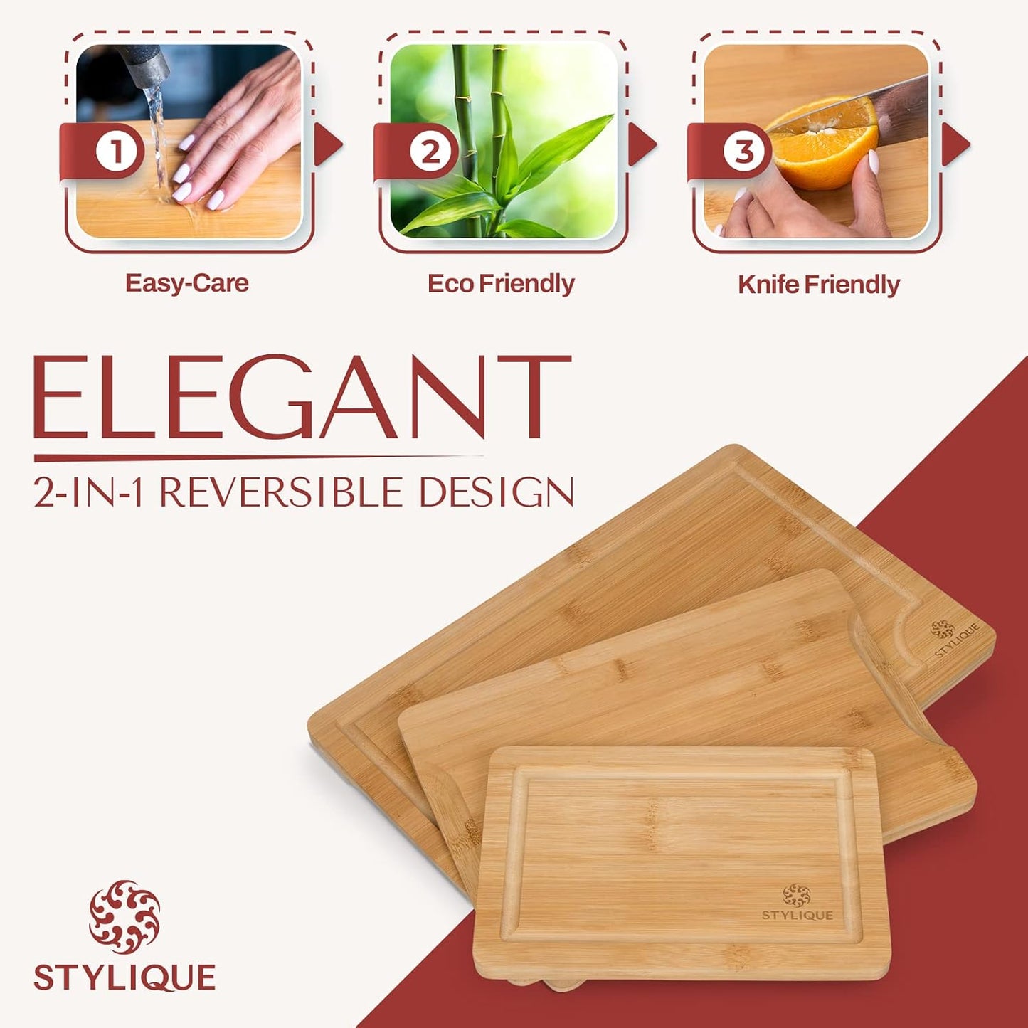STYLIQUE Wooden Chopping Board Set of 3 with Cutting Board Organiser, Meal Prep Wooden Cutting Boards, Large Chopping Board and Serving Tray, Cheese Board, Kitchen Tools gadgets, Bamboo Chopping Board