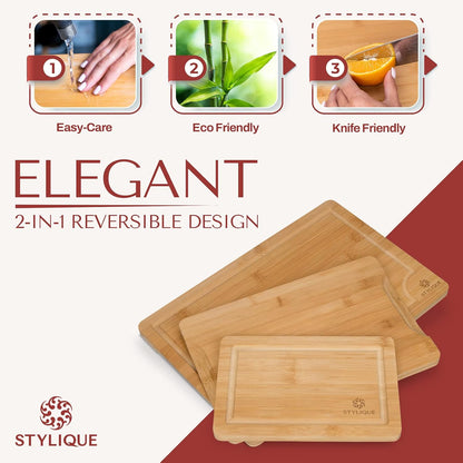 STYLIQUE Wooden Chopping Board Set of 3 with Cutting Board Organiser, Meal Prep Wooden Cutting Boards, Large Chopping Board and Serving Tray, Cheese Board, Kitchen Tools gadgets, Bamboo Chopping Board
